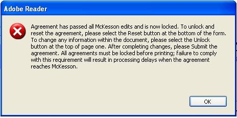 After an agreement has passed all RelayHealth edits, all fields are locked and the following window will appear. Agreements must be printed while locked to ensure they will be processed correctly.
