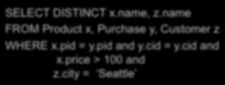 city = Seattle 4 Product(pid, name, price) Purchase(pid, cid, store) Customer(cid, name, city) From SQL to RA SELECT DISTINCT x.name, z.name FROM Product x, Purchase y, Customer z δ WHERE x.pid = y.