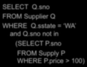 How about Subqueries? and not exists (SELECT * WHERE P.sno = Q.sno and P.