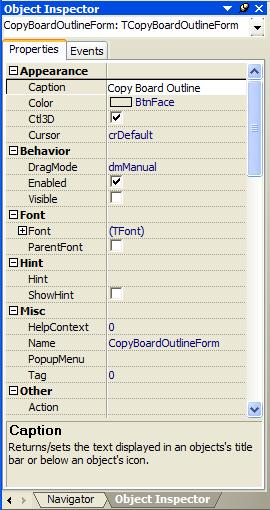 Figure 33: Object Inspector Panel with Properties and Events for the current script form. Components have three items: Properties, Events and Methods.