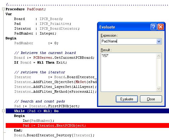 Figure 35: Script in breakpoint mode with the Evaluate dialog.