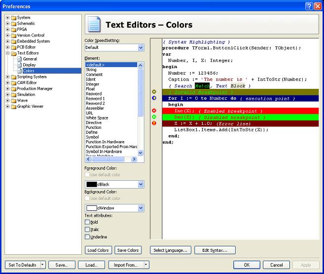 Figure 3: Text Editors - General Tab Color Properties of the Script Editor The Colors in the Preferences dialog allows you to set up the Script Editor for syntax coloring of the scripting language of