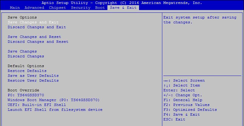 4.7 Save & Exit Figure 4-7: Bios Save and Exit Menu Save Changes and Exit Exit system setup after saving the changes. Discard Changes and Exit Exit system setup without saving any changes.