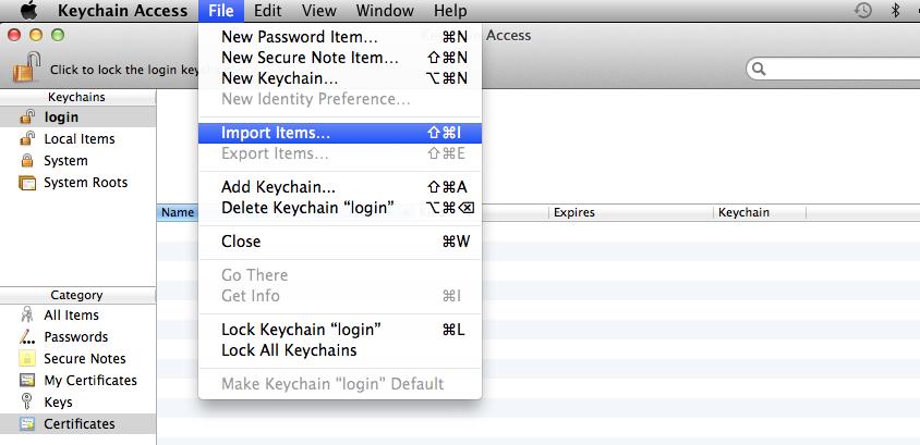 Importing the Certificate to your home mac Open Keychain, select the