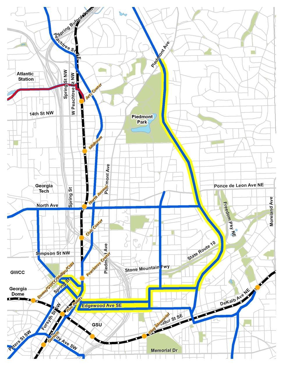 potential single seat ride route from Piedmont Park to Downtown No transfers