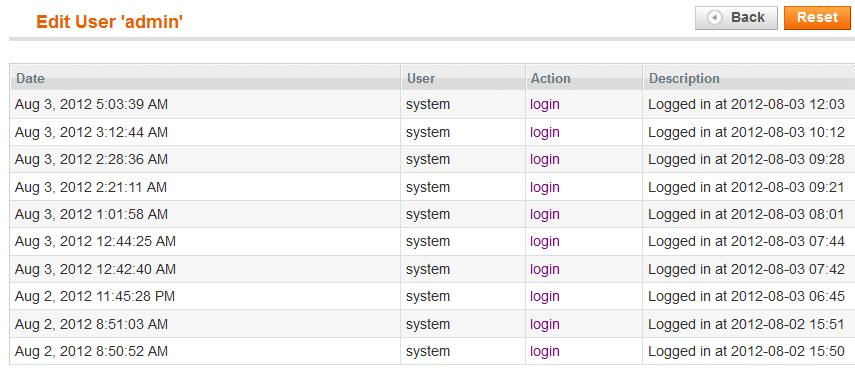 Admin logger : users To view customer logs go into «system», «permission», «user», select a user and click on the tab «admin logger».