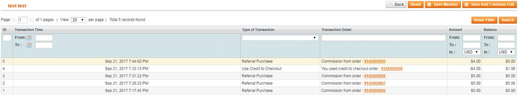 Transaction History tab shows a list which includes the information of Transaction Time, Type of Transactions, Transaction Detail, Amount (Add