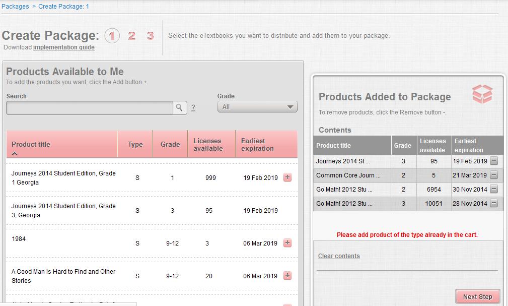 2. To add a product to a package, find the product listing in Products Available to Me and click the + (add button), which appears on the far right side of the product listing.