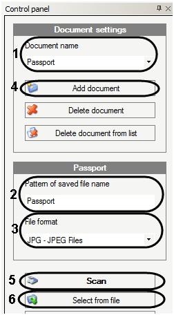 5. Select the type of document to be scanned from the Document name dropdown list ( 1). Enter a name template for the output file in the corresponding field ( 2).