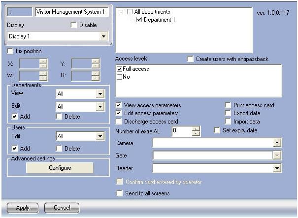 Specify the position parameters for the Visitor Management System module's window: a. Check the Fix position bo