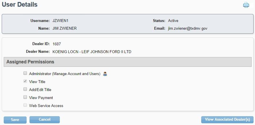 The dealer administrator can be added from the Dealer Details page by clicking Add User. The administrator can be added now, or at a later time.