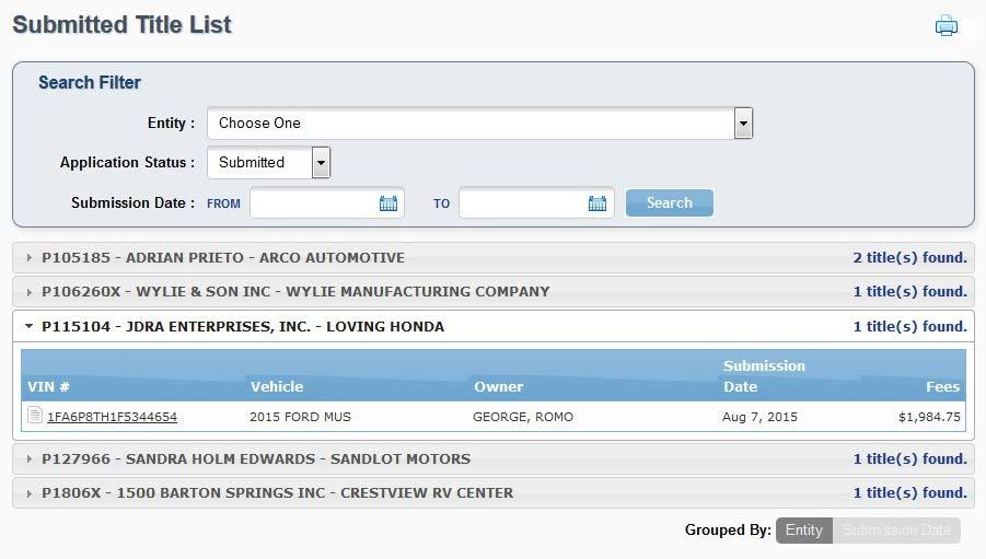 These are titles submitted by a dealer. 2. The Submitted Title List opens with a search filter box available.