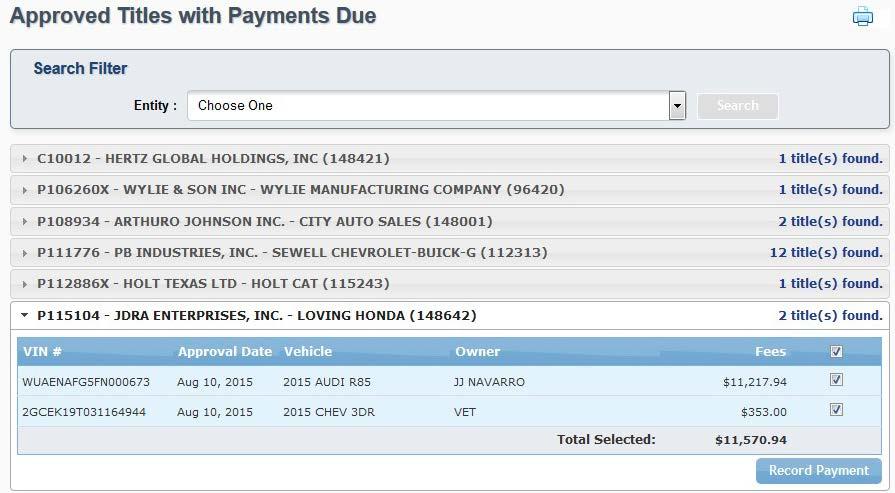 Processing Payments To record payments for the dealer, the user must have Access Payment as an Assigned Permission on the User Detail page. See Add County Users section (page 9) for more information.