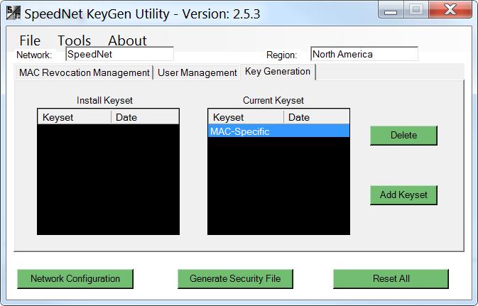 Keysets are thus used when AES 128-bit encryption is enabled (SpeedNet Client tools Security > Encryption tab using the Enable Encryption check box).