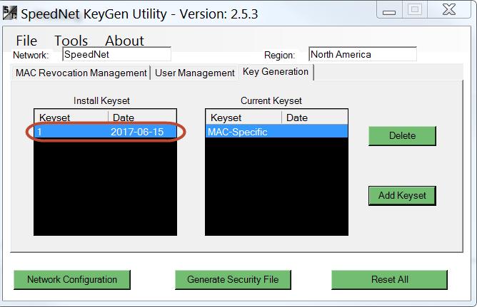 SpeedNet Security Administration Figure 20. New keyset number available on the Install Keyset list. Deleting a Keyset To delete a keyset, open the Key Generation tab and highlight the keyset.