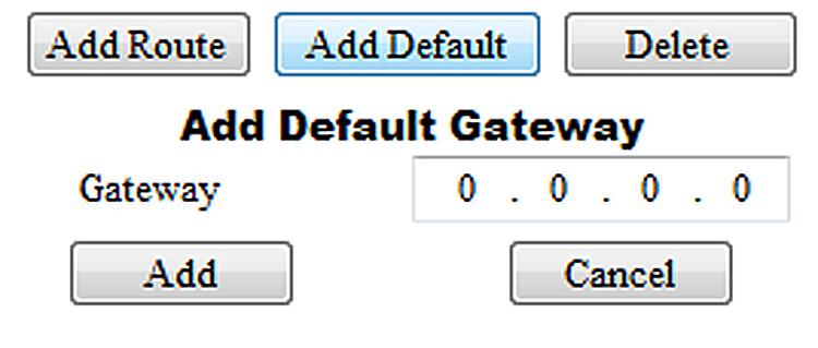 SpeedNet Client Tool Adding a Static Default Gateway Clicking the Add Default button will add an Add Default Gateway section to the Routing tab. See Figure 60. Figure 60. Add Default Gateway settings.