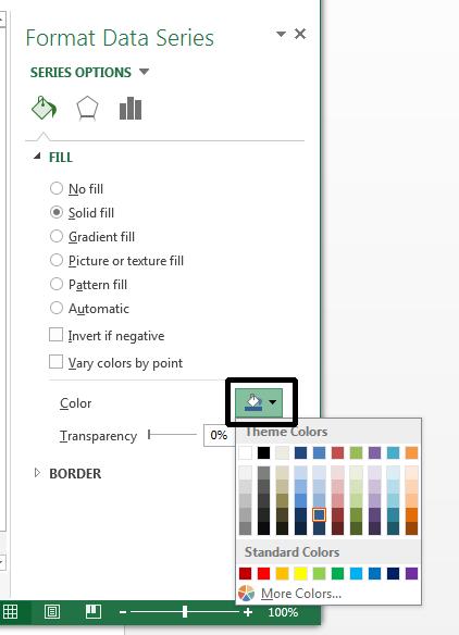 Excel 2013 Foundation Page 149 When you click on the Close icon the selected colour will be applied, as illustrated. Click on the Line Chart worksheet tab and change the colour of the line.