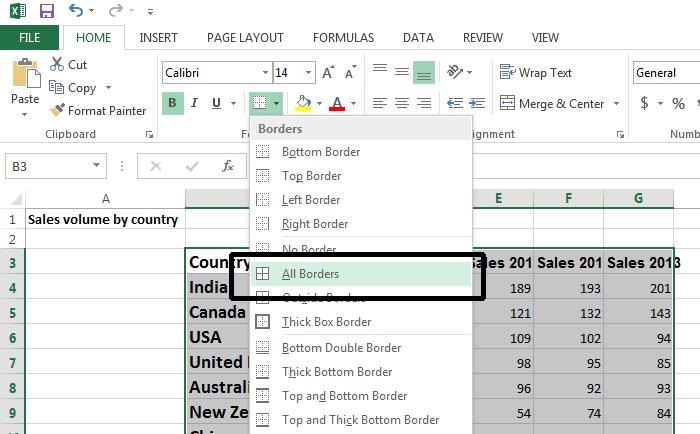 Excel 2013 Foundation Page 80 A drop down list is displayed from which you can select the required border. Select All Borders.