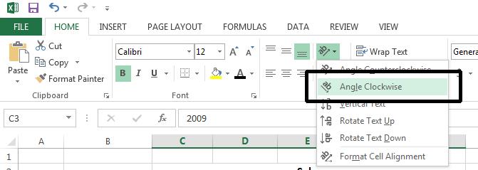 Excel 2013 Foundation Page 87 Select the Angle Clockwise command. Your data will now look like this. Experiment with applying some of the other orientation effects.
