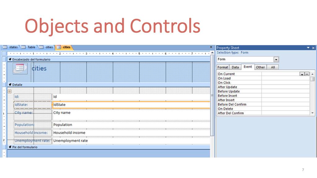 The different elements of a Form or a Report are called Controls. The Heading of a form, the text label of a field or the text box used to enter the value of a field are all Controls.