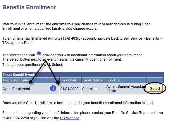 The Benefits Enrollment page displays with an Open Enrollment event. Notes: The Event Date is also displayed.