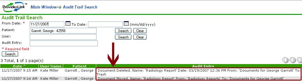 Audit Trail - Move and Delete Document Entries Added An Audit Trail entry is now created when a facility administrator moves and/or deletes a patient document.
