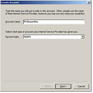 Figure 2-9: Create New Account 6 In the Incoming mail server field, specify the host name of the server where the POP or IMAP Agent is running.