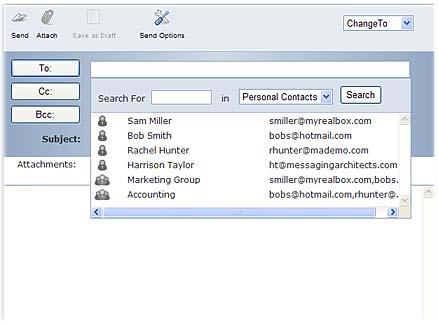 Figure 3-25: Using Contacts 3 Click the contact s name to select it. M+NetMail automatically populates the To, Cc, or Bcc field with the contact s name.