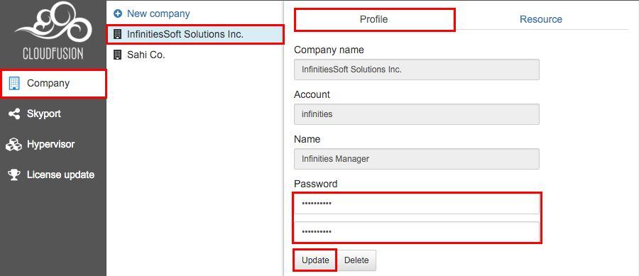 1. Company 1.1. Edit and delete an existing company information 1.1.1. Operation to change password of company administrator: 1.1.1.1. Select [Company].