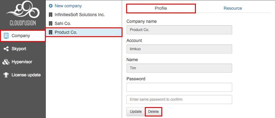 1.1.2. Operation procedure to delete an existing company information: 1.1.2.1. Select [Company]. 1.1.2.2. Select [any designated company].