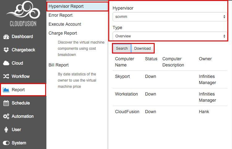 9.1.2.1. Select [Report]. 9.1.2.2. Select [Cloud cluster report]. 9.1.2.3. Choose the lookup criteria. 9.1.2.4. Click [Search] to query or [download] report in PDF file. 9.2. Error Report 9.2.1. Following items are look up filter to query/download cloud cluster related resource: 9.