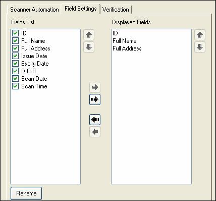 Application Settings idscan Figure 9-6: Field selection screen 3. Double-click on a checkbox of a field to select/deselect it, and include it in the record fields tab. 4.