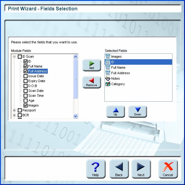 Printing Selecting fields SELECTING FIELDS You can select the fields that you want to print from each module: Figure 10-2: Print Wizard - Fields selection screen Select the checkboxes of the modules