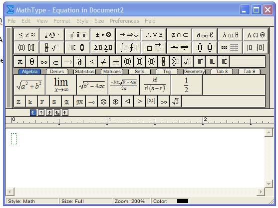 This panel contains all of the commands to start Mathtype or insert basic symbols. On the right side is the Insert Equations part of the panel.