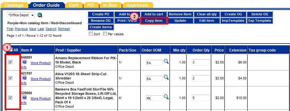 Step 2: In the Office Depot order guide, select the items that you want on your list, then click on the Copy Item button.
