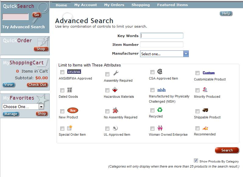 Selecting Try Advanced Search allows you to search the catalog not only by Key Words but by Item Number or Manufacturer and with other criteria.