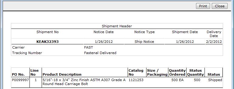 Under Shipments you can view the Confirmation or Ship Notice by clicking on the view link after