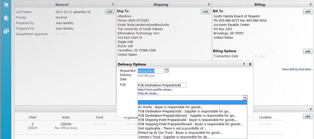To select an FOB code for a requisition: 1. Click the edit button next to Delivery Options in the Shipping section of the Review cart screen.