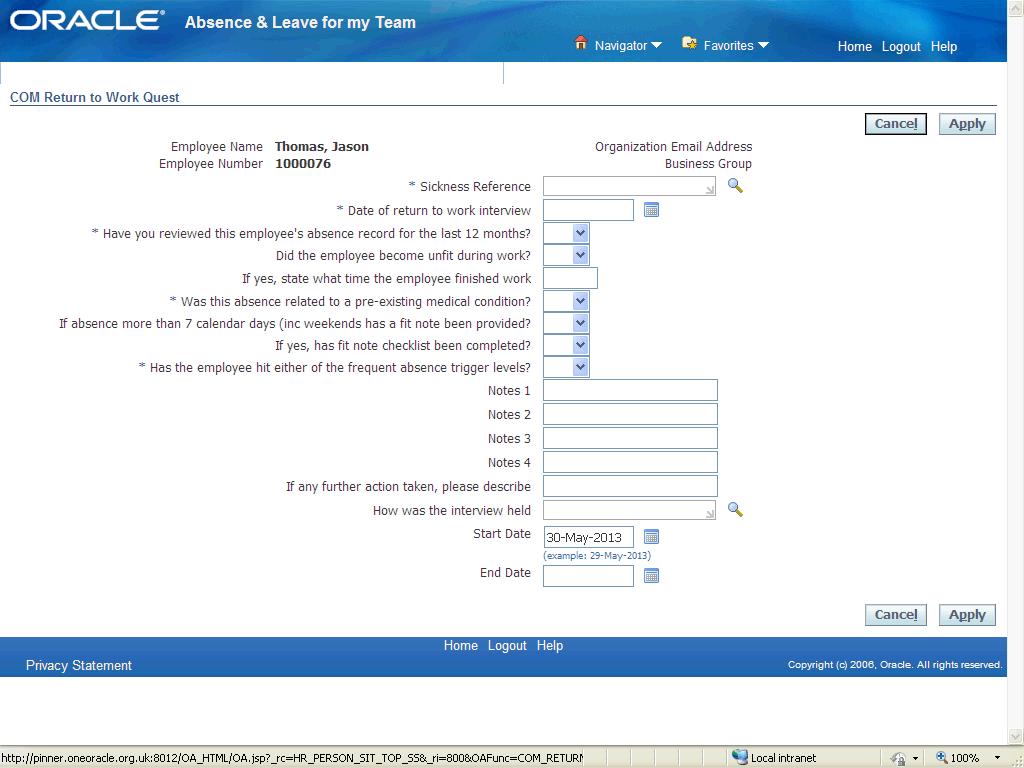 8. The Return to Work Questionnaire form is now displayed. The compulsory fields are indicated with an asterisk (*). 9.