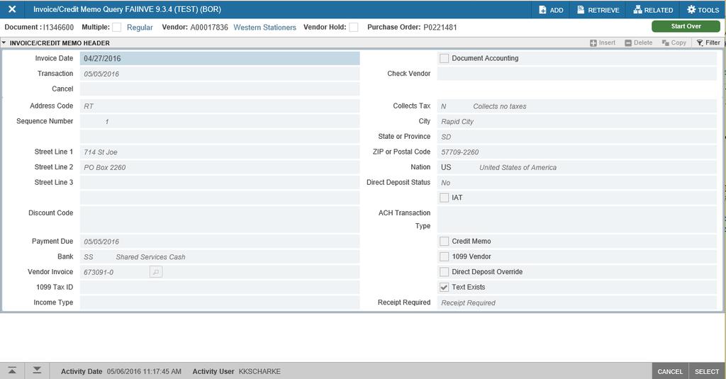 7. Then click on the Go button. The Invoice/Credit Memo Query lists which PO was paid.