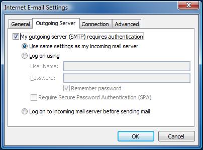 Select the Outgoing Server tab and check the My outgoing server (SMTP) requires authentication box and ensure the Use same settings as my incoming mail server radio button is