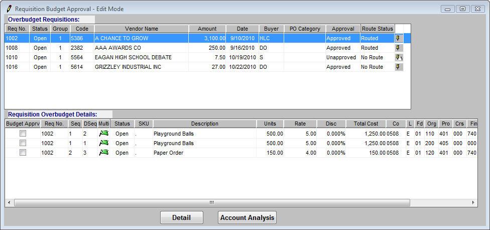 Over Budget Viewing Tool The Account Analysis button appears on the Requisition, Purchase Order and Voucher entry screens as wells as the Requisition Budget Approval and Purchase Order Budget