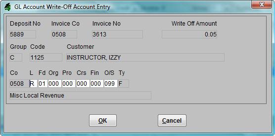 This will allow you to enter an account code for the write-off transaction. (You may want to enter the account code that was originally used on the invoice.) b.