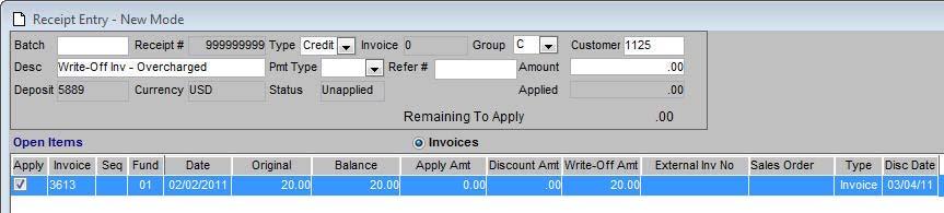 Click the Receipts button after creating the Deposit Control Record. iv. Enter the customer or invoice number to write off. v.