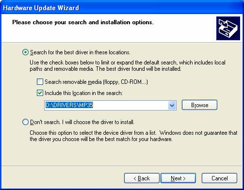 Locate the Driver; it should be [BSL INSTALLATION CD]\DRIVERS\MP3X. 15. Click OK. 16. Click Next. 17. Wait for installation to complete. 18.
