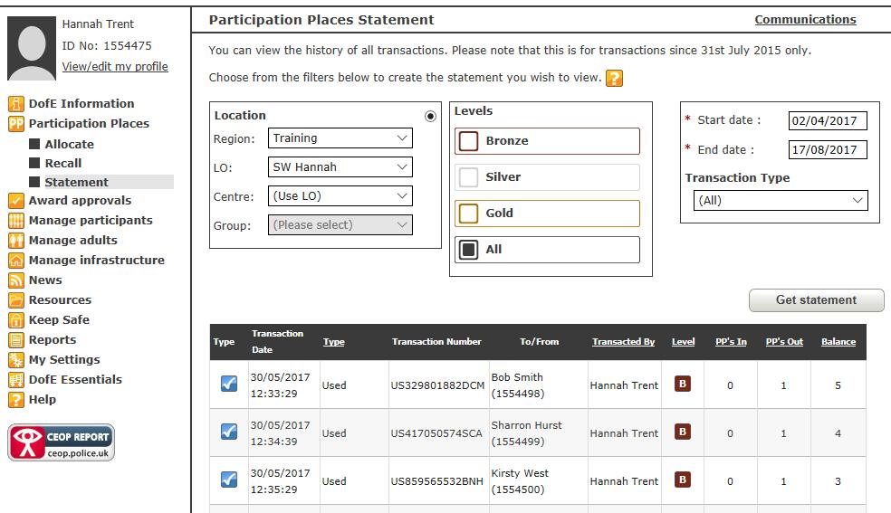 Viewing participation places To view your participation places, click on Participation places on the menu on the left.