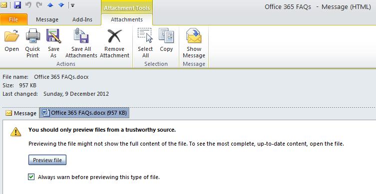 Save a single attachment in MS Outlook 2010 To save a single attachment from an email to the hard disc of your computer: 1. Select the attachment in the open message window or in the reading pane. 2. Once selected, an Attachment Tools tab gets revealed in the ribbon (see image below).