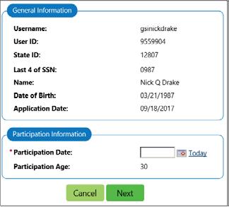 16 Enter the participation date in the displayed Participation form, and click Next.