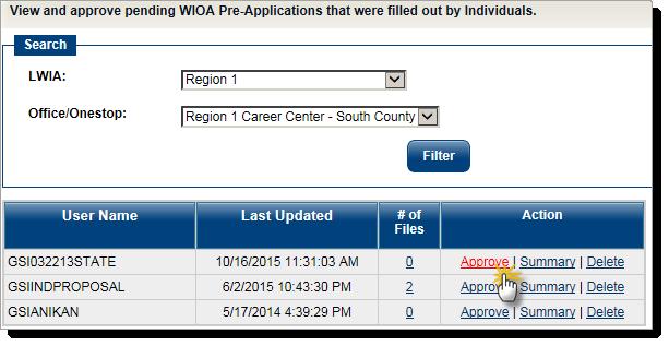 supply required WIOA information and verification documents. The screens explain what WIOA is, and how individuals can review the WIOA pre-applications.