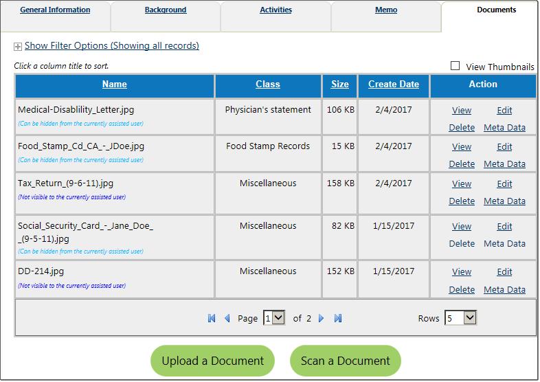use for adding verification documents, in context with program applications, enrollments, and related forms. Staff can hide any of the documents currently available to the individual.
